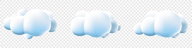 3d clouds set isolated background. Render soft round cartoon fluffy clouds icons. 3d geometric shapes. Various cartoon soft cloud shapes. Vector illustration