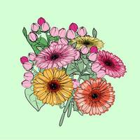 ramo de flores de gerbera y ramas decorativas con cogollos vector