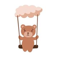 Cute teddy bear illustration in brown flat design with soft cloud in the sky vector