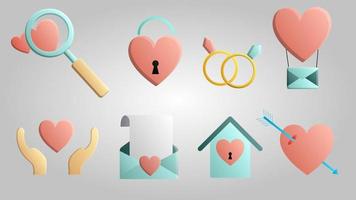 A large set of beautiful festive love joyful tender objects and icons with hearts, gift boxes and letters with magnifying glasses with hands and rings on a white background. Vector illustration