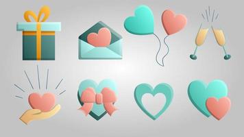 A large set of beautiful festive love joyful tender objects and icons with hearts, balloons, gift boxes and letters on a white background. Vector illustration