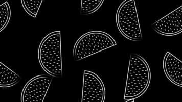 watermelon with seeds on a black background, vector illustration, pattern. wallpaper with watermelons. black and white watermelons, a slice of berry with seeds