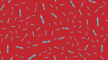 Endless seamless pattern of medical scientific medical items of pharmacological disposable sharp syringes for injections and vaccines on a red background. Vector illustration