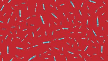 Endless seamless pattern of medical scientific medical items of pharmacological disposable sharp syringes for injections and vaccines on a red background. Vector illustration