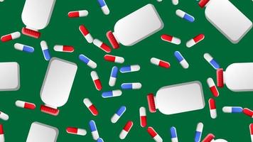 Endless seamless pattern of medical scientific medical items of pharmacological jars for pills and medicine pills capsules on a green background. Vector illustration