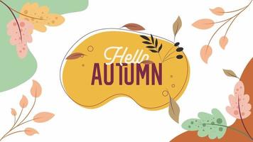 Autumn season animation perfect for intros,openings,posts.Hello autumn text and leaves falling.Concept of weather,decoration,poster,maple,tree,october,september.Cartoon background style.