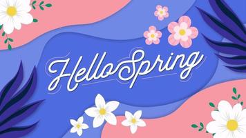 hallo frühling text banner stil cartoon landschaft. schöne trendige hallo frühling text banner intro animation. konzept von ferien, wetter, jahreszeiten und blumen. perfekt für website, beiträge und geschichten. video