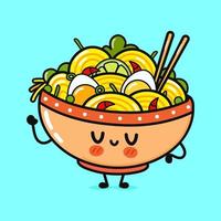 Cute funny ramen bowl waving hand. Vector hand drawn cartoon kawaii character illustration icon. Isolated on blue background. Ramen bowl character concept