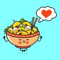 Cute funny ramen bowl doing yoga with speech bubble. Vector hand drawn cartoon kawaii character illustration icon. Isolated on blue background. Ramen bowl in love character concept