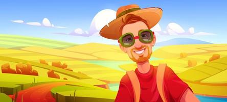 Young man smiles on background of river and fields vector