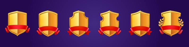 Golden game award shields, badges, level ui icons vector