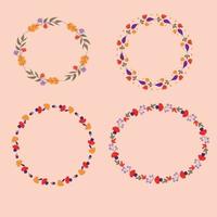 A set of autumn frames in round shape with leaves, flowers and mushrooms in yellow, green, bard, pink. vector