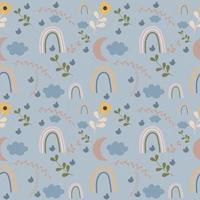 Seamless boho style pattern with rainbow and plants. Vector illustration