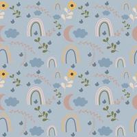 Seamless boho style pattern with rainbow and plants. Vector illustration