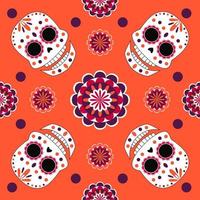 Vector seamless pattern with colorful skull and flowers. Elements for dia de muertos and halloween design. Repeated cartoon elements for autumn holiday