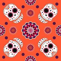 Vector seamless pattern with colorful skull and flowers. Elements for dia de muertos and halloween design. Repeated cartoon elements for autumn holiday