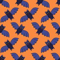 Vector cartoon bats on orange background. Halloween cute seamless pattern with character