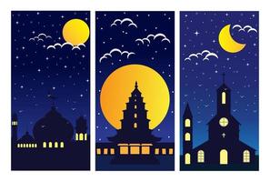 Place of worship background with moon view at night. Set of Vertical Bacground. Collection of illustrated places of worship vector