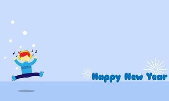 Happy new year background and copy space area with happy boy listening music in the snow vector