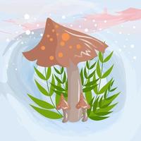 mushroom character on leaf and flower plant background vector