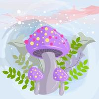 mushroom character on leaf and flower plant background vector