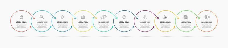 plantilla de infografía empresarial. Línea de tiempo con 10 pasos, opciones e íconos de marketing. Infografía lineal vectorial con dos elementos conectados en círculo. puede ser utilizado para la presentación. vector