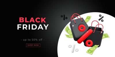 Banner de promoción de venta de viernes negro de vector 3d con bolsa de papel de regalo de tienda, signo de porcentaje y diseño de dólar flotante