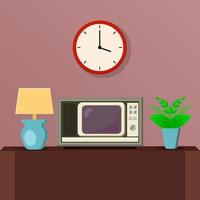 flat design vintage television on wood tables with plants and lamp vector