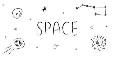 Doodle cosmos illustration set in childish style, design clipart. Hand drawn abstract space elements with lettering. Black and white. vector