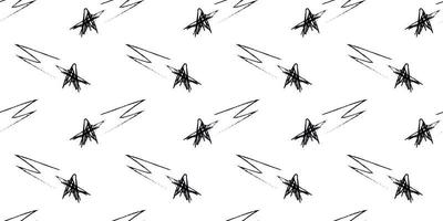 Doodle cosmic seamless pattern in childish style. Hand drawn abstract shooting stars. Black and white vector