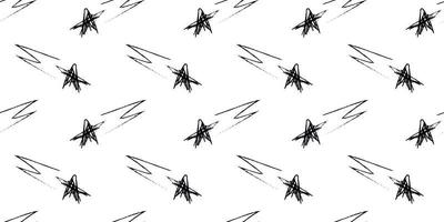 Doodle cosmic seamless pattern in childish style. Hand drawn abstract shooting stars. Black and white vector