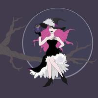Vector Halloween cartoon character drawing beauty pink long hair witch ware black and white dress black hat, holding violet owl, sitting on dry tree branch blue moon in dark night background
