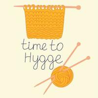 Hygge cozy greeting card. Warm knitted woolen threads and a ball of wool with knitting needles. A home hobby. Vector stock illustration.