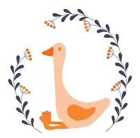 Goose, round frame of berries and flowers. Vector stock illustration of a baby poster with a chick. You can use it to print  the decor of the childrens room.