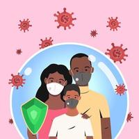 familia que usa máscaras médicas para prevenir el coronavirus, la enfermedad covid-19, la gripe, la contaminación del aire, el aire contaminado y la contaminación mundial. ilustración de banner vectorial en un estilo plano