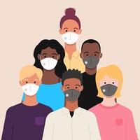 People in protective medical face masks. Men and women wearing protection from virus covid-19 disease, flu, air pollution, contaminated air, and world pollution. Vector illustration.