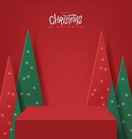 banner de navidad con mesa de exhibición de productos y árboles de navidad artificiales telón de fondo de árboles de navidad artificiales vector
