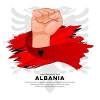 diseño moderno del día de la independencia de albania con bandera ondeante y vector de mano con gesto de puño