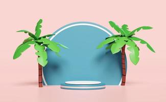 blue cylinder stage podium empty 3d with coconut palm tree isolated on pink. modern stage display, minimalist mockup, abstract showcase background. Concept  3d render illustration photo