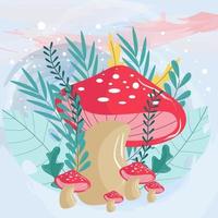 mushroom character on leaf and flower plant background vector