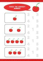 preschool counting learn worksheet tracing writing number activity vector template with cute cherry cartoon illustration for child kids