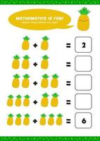 matemáticas de adición preescolar aprender plantilla de actividad de hoja de trabajo con linda ilustración de piña para niños vector