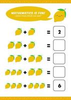 matemáticas de adición preescolar aprender plantilla de actividad de hoja de trabajo con linda ilustración de limón para niños vector