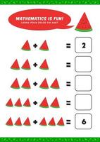 preschool addition mathematics learn worksheet activity template with cute watermelon illustration for child kids vector