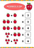 matemáticas de adición preescolar aprender plantilla de actividad de hoja de trabajo con linda ilustración de dibujos animados de manzana para niños vector