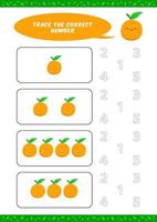 preescolar conteo aprender hoja de trabajo rastreo escritura número actividad vector plantilla con linda ilustración de dibujos animados naranja para niños