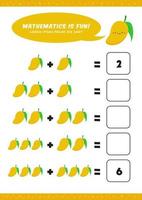 matemáticas de adición preescolar aprender plantilla de actividad de hoja de trabajo con linda ilustración de mango para niños vector