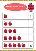 Child kids preschool counting learn worksheet activity vector template with cute apple illustration