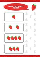 preschool counting learn worksheet tracing writing number activity vector template with cute strawberry cartoon illustration for child kids