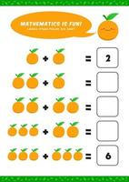 matemáticas de adición preescolar aprender plantilla de actividad de hoja de trabajo con linda ilustración naranja para niños vector